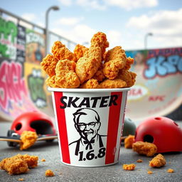 A bucket of KFC fried chicken filled with crispy, golden pieces, prominently featuring the iconic KFC logo