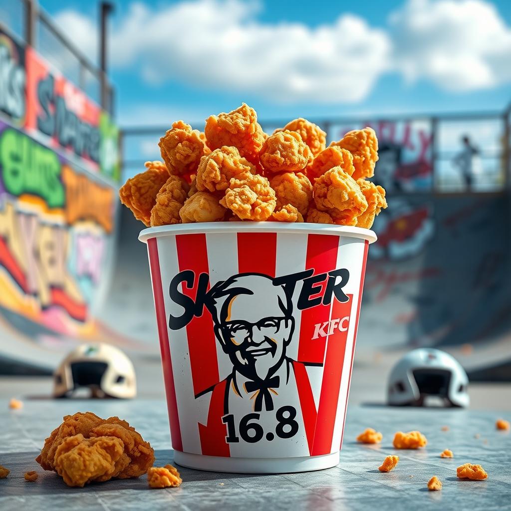 A bucket of KFC fried chicken filled with crispy, golden pieces, prominently featuring the iconic KFC logo