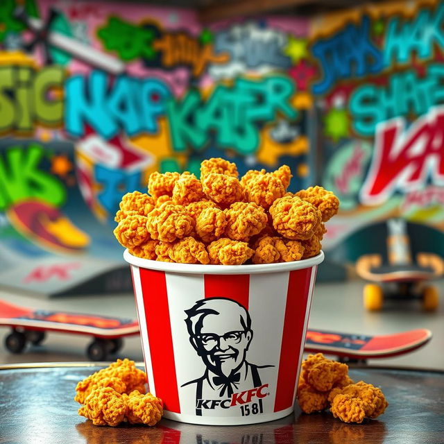 A bucket of KFC fried chicken overflowing with crispy, golden pieces, prominently displaying the classic KFC logo on the front