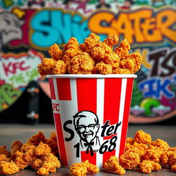 A bucket of KFC fried chicken overflowing with crispy, golden pieces, prominently displaying the classic KFC logo on the front