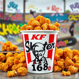 A bucket of KFC fried chicken overflowing with crispy, golden pieces, prominently displaying the classic KFC logo on the front