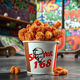 A bucket of KFC fried chicken overflowing with crispy, golden pieces, prominently displaying the classic KFC logo on the front