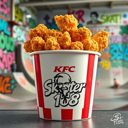A bucket of KFC fried chicken, overflowing with crispy, golden pieces of chicken, showcasing the iconic KFC logo prominently on the front