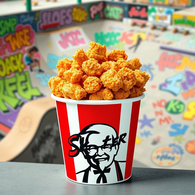 A bucket of KFC fried chicken, overflowing with crispy, golden pieces of chicken, showcasing the iconic KFC logo prominently on the front