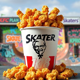 A bucket of KFC fried chicken, overflowing with crispy, golden pieces of chicken, showcasing the iconic KFC logo prominently on the front