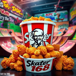 A bucket of KFC fried chicken, overflowing with crispy, golden pieces of chicken, showcasing the iconic KFC logo prominently on the front