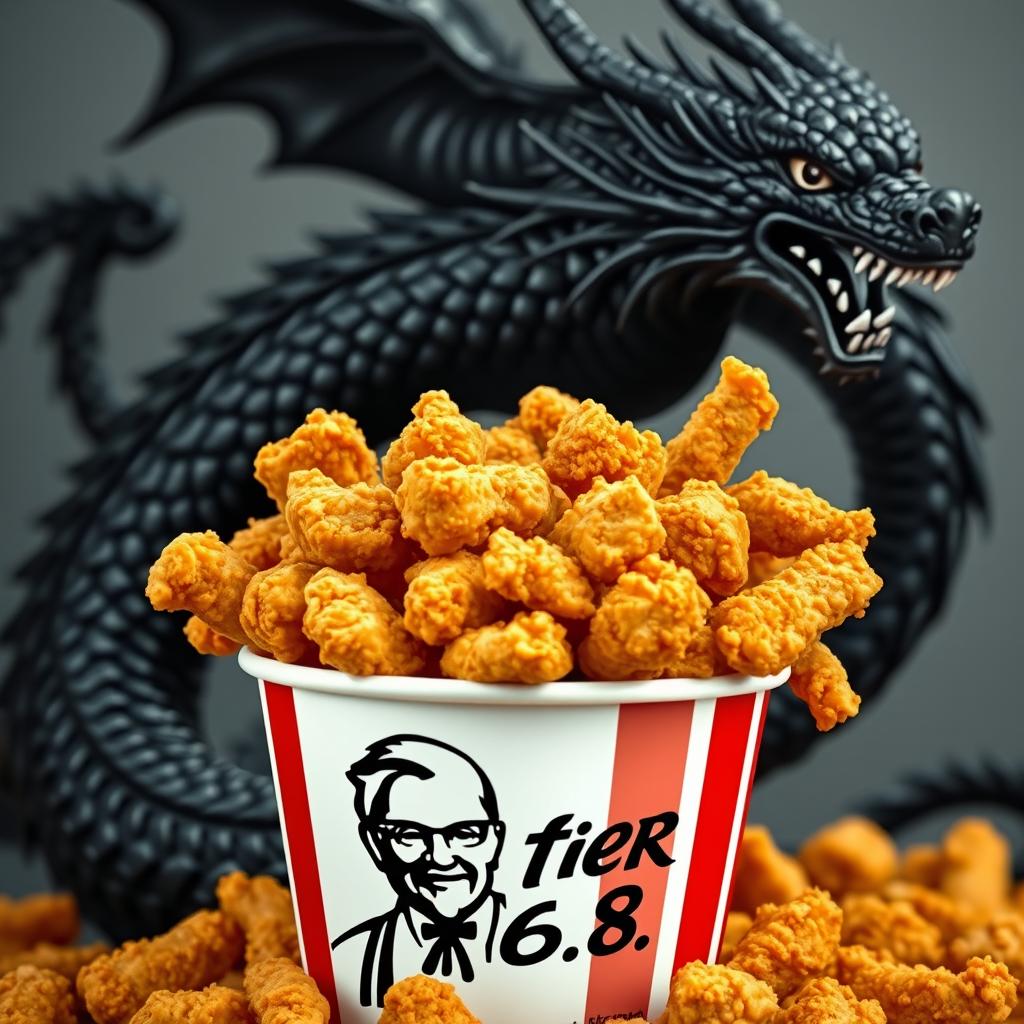 A bucket of KFC fried chicken overflowing with crispy, golden pieces, featuring the iconic KFC logo prominently on the front