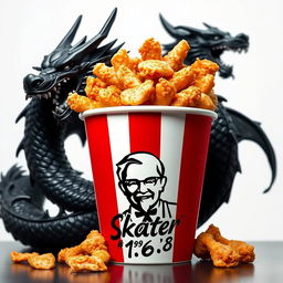 A bucket of KFC fried chicken overflowing with crispy, golden pieces, featuring the iconic KFC logo prominently on the front
