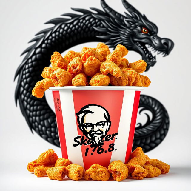 A bucket of KFC fried chicken overflowing with crispy, golden pieces, featuring the iconic KFC logo prominently on the front