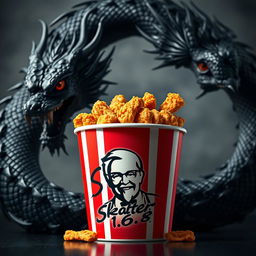 A bucket of KFC fried chicken, brimming with crispy, golden pieces, prominently featuring the iconic KFC logo on the front