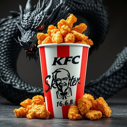 A bucket of KFC fried chicken, brimming with crispy, golden pieces, prominently featuring the iconic KFC logo on the front