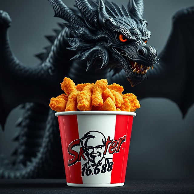 A bucket of KFC fried chicken filled with crispy, golden pieces, prominently displaying the iconic KFC logo on the front