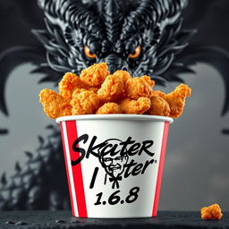 A bucket of KFC fried chicken filled with crispy, golden pieces, prominently displaying the iconic KFC logo on the front