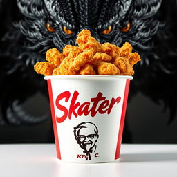 A bucket of KFC fried chicken filled with crispy, golden pieces, prominently displaying the iconic KFC logo on the front