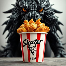 A bucket of KFC fried chicken filled with crispy, golden pieces, prominently displaying the iconic KFC logo on the front