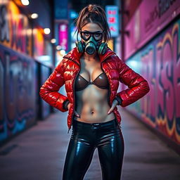 A hot slim girl with big boobs, dressed in a shiny red tight puffer jacket and sleek black latex leggings