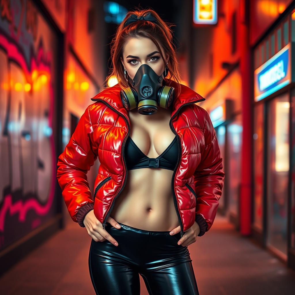 A hot slim girl with big boobs, dressed in a shiny red tight puffer jacket and sleek black latex leggings