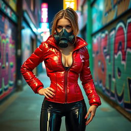 A hot slim girl with big boobs, dressed in a shiny red tight puffer jacket and sleek black latex leggings