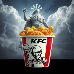 A bucket of KFC fried chicken filled with crispy, golden pieces, prominently featuring the iconic KFC logo on the front