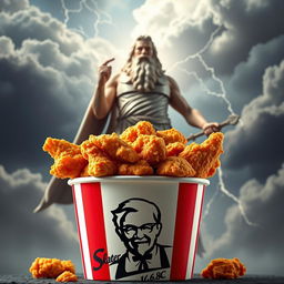 A bucket of KFC fried chicken filled with crispy, golden pieces, prominently featuring the iconic KFC logo on the front