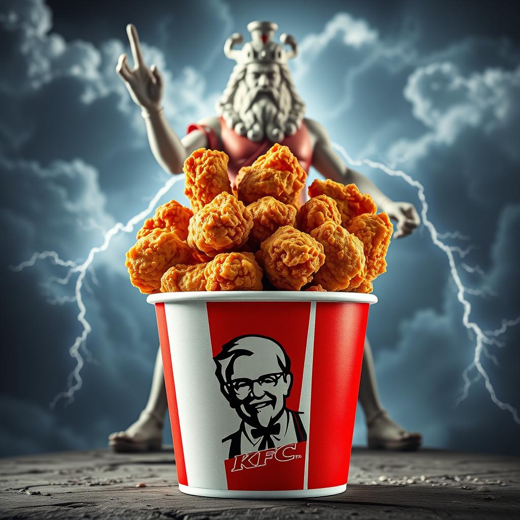 A bucket of KFC fried chicken filled with crispy, golden pieces, prominently featuring the iconic KFC logo on the front