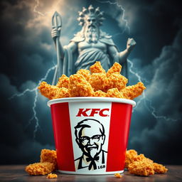 A bucket of KFC fried chicken filled with crispy, golden pieces, prominently featuring the iconic KFC logo on the front