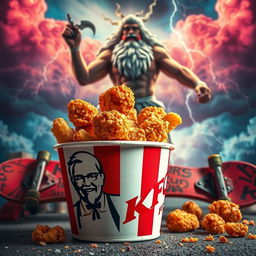 A vibrant portrayal of a bucket of KFC fried chicken, prominently featuring the iconic KFC logo