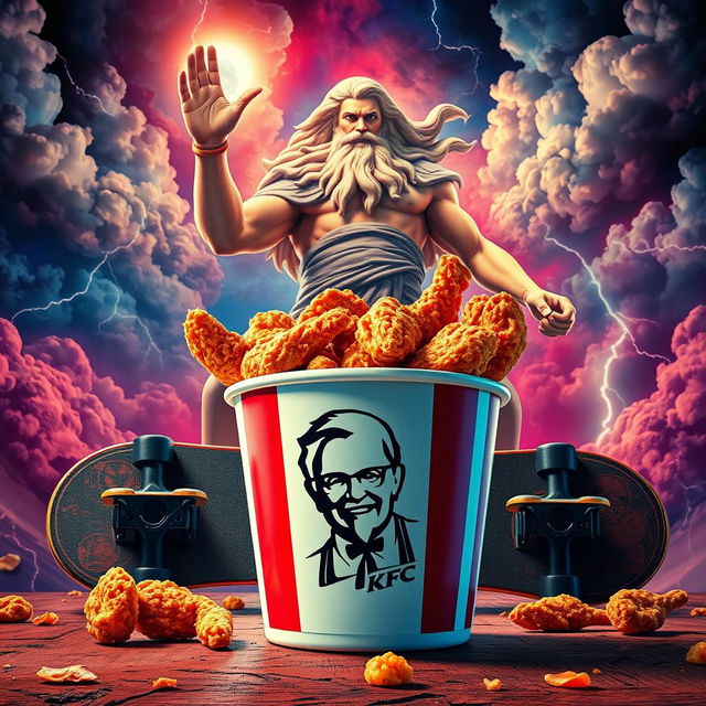 A vibrant portrayal of a bucket of KFC fried chicken, prominently featuring the iconic KFC logo