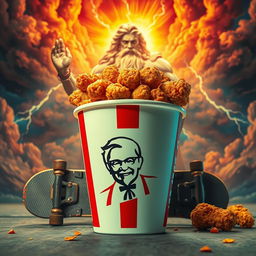 A vibrant portrayal of a bucket of KFC fried chicken, prominently featuring the iconic KFC logo