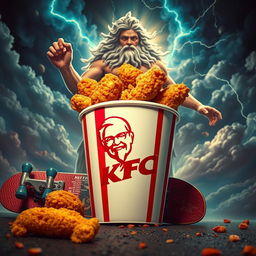 A vibrant portrayal of a bucket of KFC fried chicken, prominently featuring the iconic KFC logo