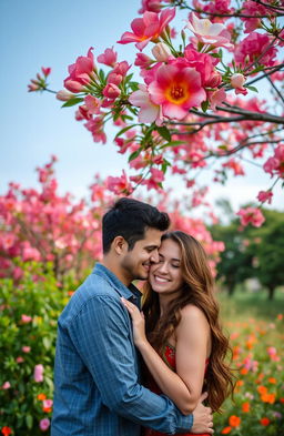 A romantic couple enjoying a beautiful moment in nature beneath the vibrant flowers of a Butea monosperma tree