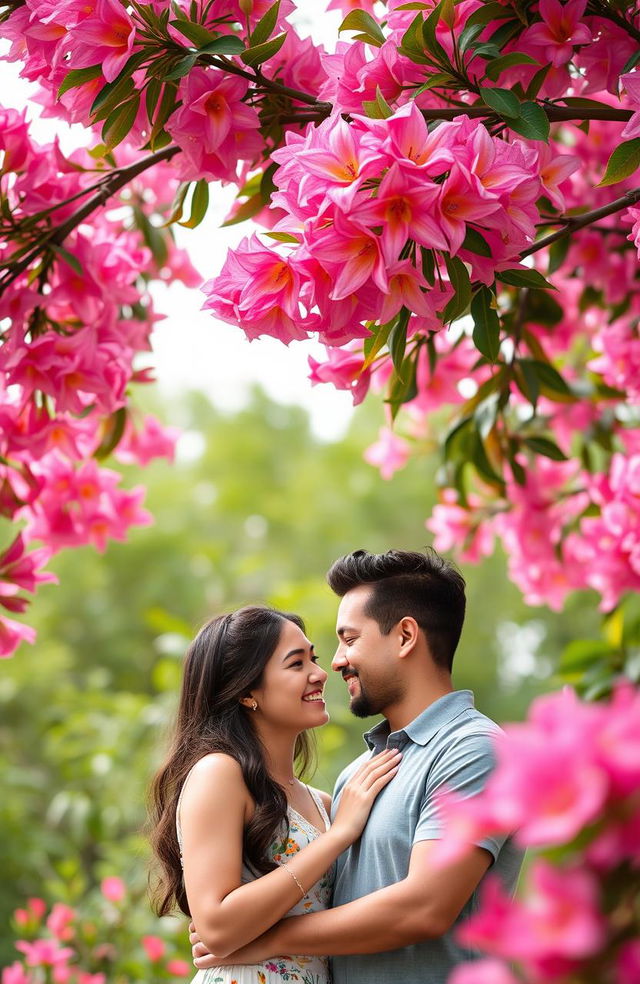 A romantic couple enjoying a beautiful moment in nature beneath the vibrant flowers of a Butea monosperma tree