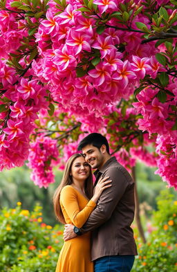 A romantic couple enjoying a beautiful moment in nature beneath the vibrant flowers of a Butea monosperma tree