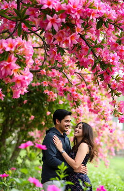 A romantic couple enjoying a beautiful moment in nature beneath the vibrant flowers of a Butea monosperma tree