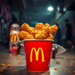 An eye-catching image of a bucket of McDonald's fried chicken, prominently displaying the McDonald's logo