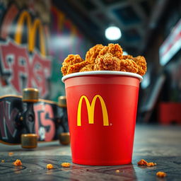 An eye-catching image of a bucket of McDonald's fried chicken, prominently displaying the McDonald's logo
