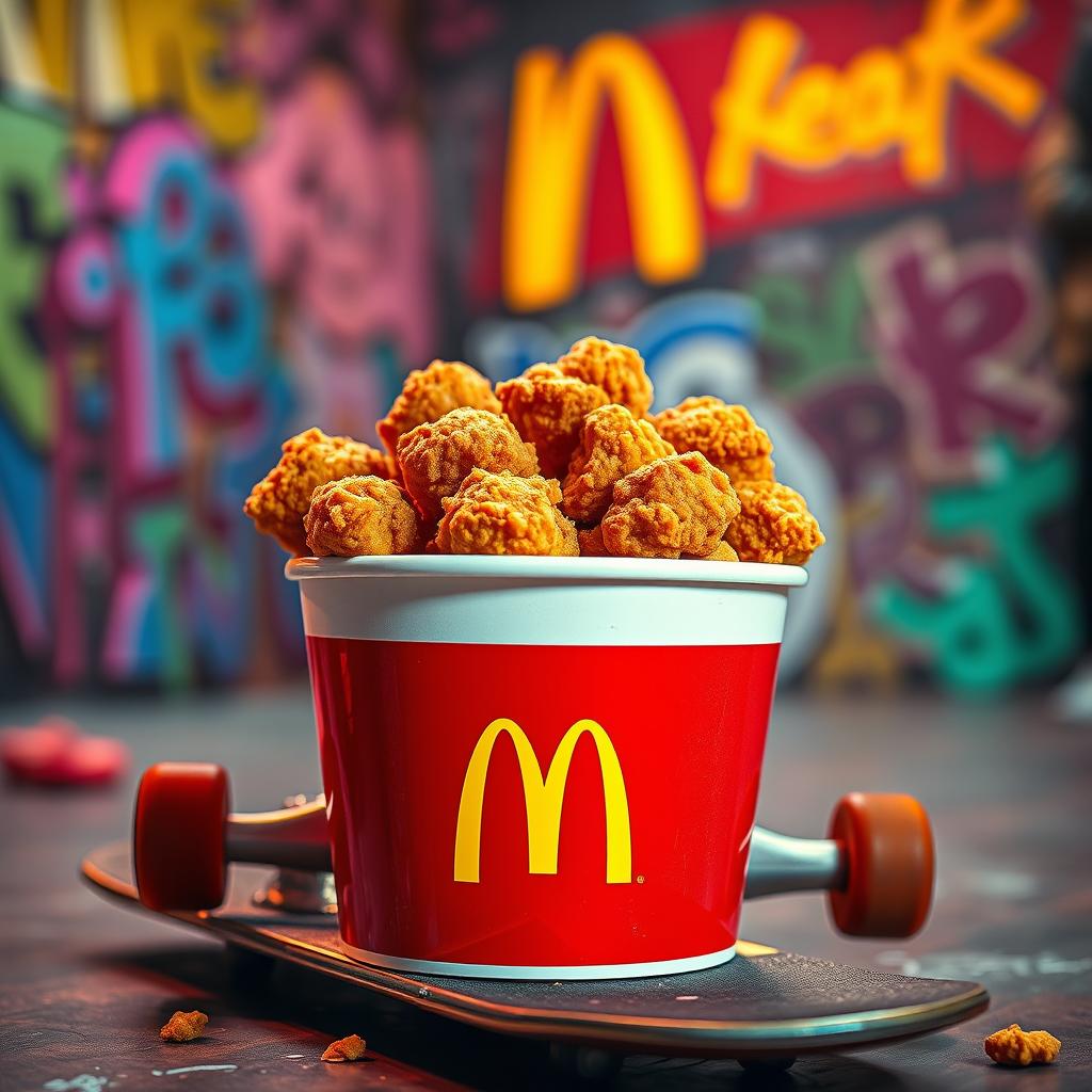 An eye-catching image of a bucket of McDonald's fried chicken, prominently displaying the McDonald's logo