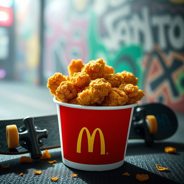 An eye-catching image of a bucket of McDonald's fried chicken, prominently displaying the McDonald's logo