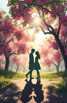 A digital painting of a lovely couple's shadow cast on the ground, surrounded by a breathtaking natural setting filled with vibrant Butea monosperma tree flowers in full bloom