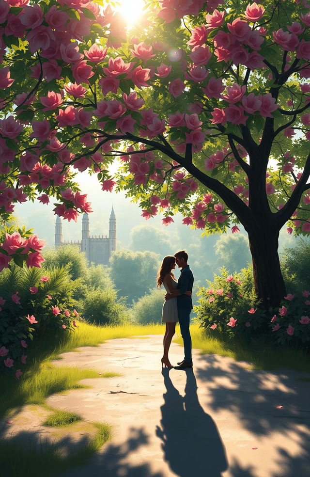 A digital painting of a lovely couple's shadow cast on the ground, surrounded by a breathtaking natural setting filled with vibrant Butea monosperma tree flowers in full bloom