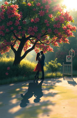 A digital painting of a lovely couple's shadow cast on the ground, surrounded by a breathtaking natural setting filled with vibrant Butea monosperma tree flowers in full bloom
