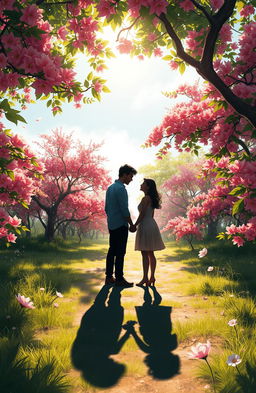 A digital painting of a lovely couple's shadow cast on the ground, surrounded by a breathtaking natural setting filled with vibrant Butea monosperma tree flowers in full bloom