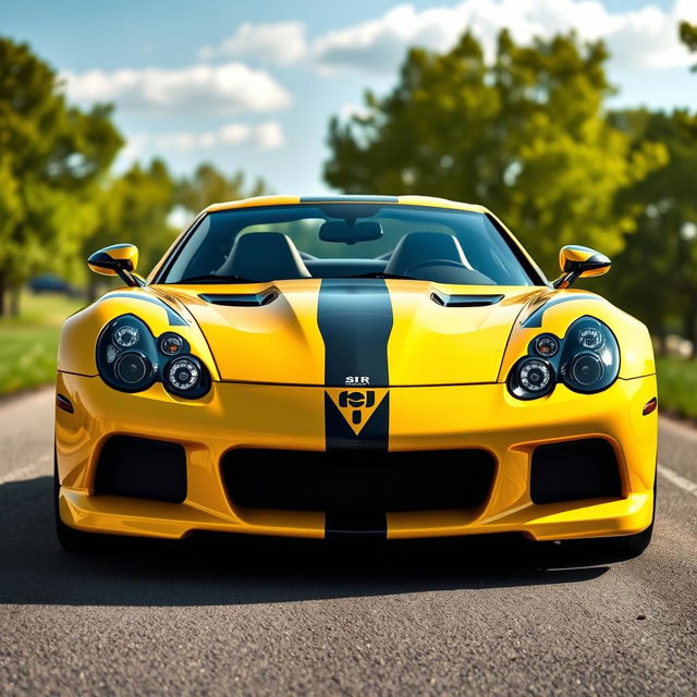 A Maclaren SLR sports car featuring a striking yellow jacket bee design