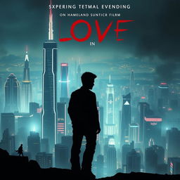 A movie poster for a romance and science fiction film, featuring a futuristic dystopian background