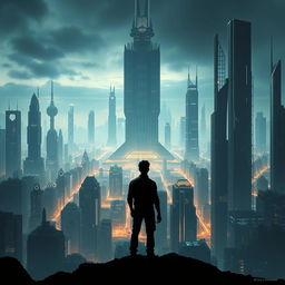 A movie poster for a science fiction film, set against a futuristic dystopian background