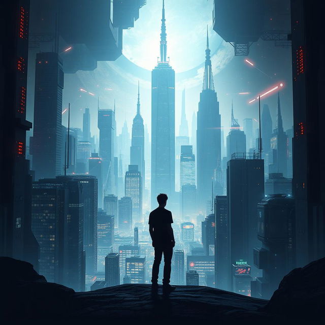 A movie poster for a science fiction film, set against a futuristic dystopian background