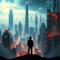 A movie poster for a science fiction film, set against a futuristic dystopian background