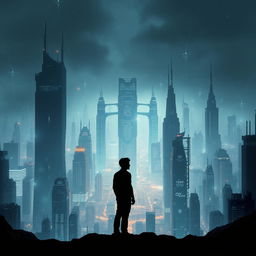 A movie poster for a science fiction film, set against a futuristic dystopian background