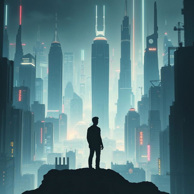 A movie poster for a science fiction film, set against a futuristic dystopian background