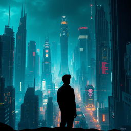 A movie poster for a science fiction film, set against a futuristic dystopian background